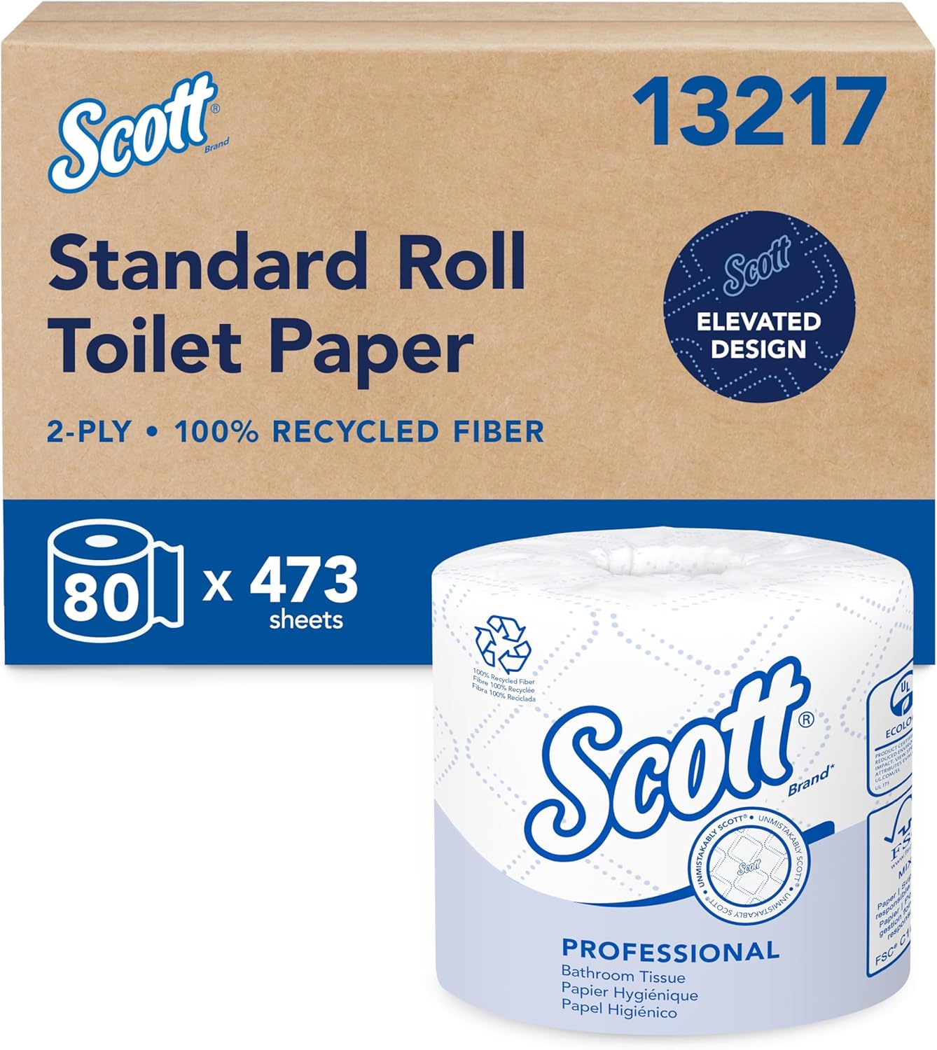 Scott Professional 100% Recycled Fiber Standard Roll Bulk Toilet Paper (13217), 2-Ply, Elevated Design, White, Individually Wrapped (80 Rolls of 473 Sheets, 37,840 Sheet Total)